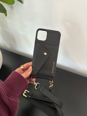 Bandolier Black Leather Crossbody iPhone Case w/ Strap + Card Holder